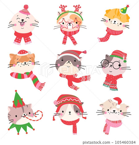 Cats christmas faces in holiday outfits. Cat avatars in santa hats and scarves. Xmas childish stickers, winter funny animals nowaday vector clipart 105460384