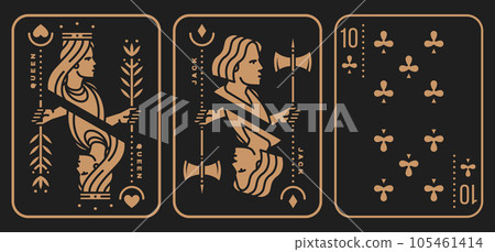 Set of playing card 10, queen, jack. Vector illustration. Esoteric, magic Royal playing card 10, queen, jack design collection. Minimalist style Set of playing card 10, queen, jack. Vector illustration. Esoteric, magic Royal playing card 10, queen, jack design collection. Minimalist style 105461414