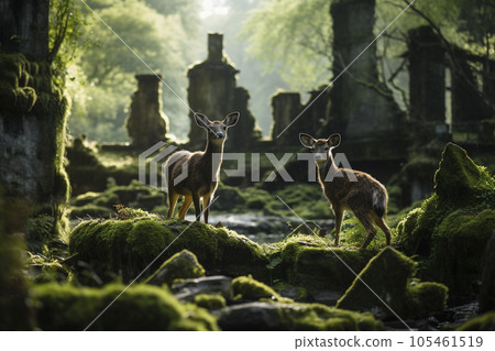 Mossy ruins and deer Mossy ruins and deer 105461519