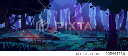 Night jungle forest swamp with firefly background 105461530