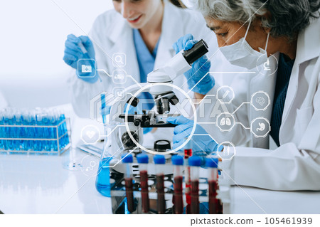 Scientist two woman with tablet and laptop, laboratory and ecofriendly science. Agriculture, research and scientists with online reading, test samples for global warming, analytics and tech. with 105461939