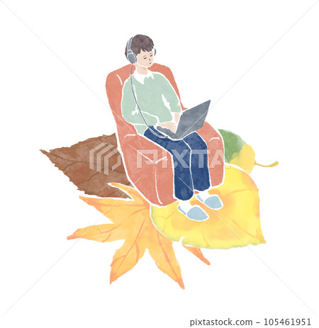 Person working on a laptop_headphones_sofa_fallen leaves 105461951