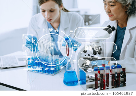 Scientist two woman with tablet and laptop, laboratory and ecofriendly science. Agriculture, research and scientists with online reading, test samples for global warming, analytics and tech. with Scientist two woman with tablet and laptop, laboratory and ecofriendly science. Agriculture, research and scientists with online reading, test samples for global warming, analytics and tech. with 105461987