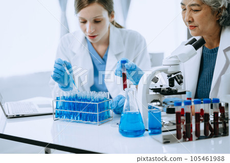 Scientist team meeting and writing analysis results in the laboratory study and analyze scientific sample for global warming, analytics and tech.. 105461988
