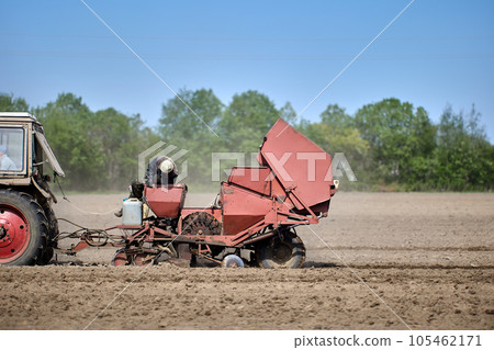 Potato planter with handyman went into field during spring sowing season. Potato planter with handyman went into field during spring sowing season. 105462171