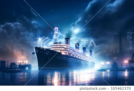 Night cruise ship leaving port in dramatic weather 105462370