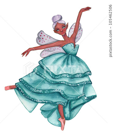 Cartoon fairy in blue dress with magic wings. Watercolor hand drawn illustration. Design for baby shower party, birthday, cake, holiday celebration design, greetings card, invitation. 105462506
