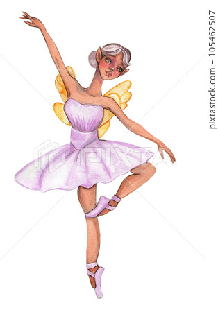 Cartoon fairy in lavender dress with magic wings. Watercolor hand drawn illustration. Design for baby shower party, birthday, cake, holiday celebration design, greetings card, invitation. 105462507