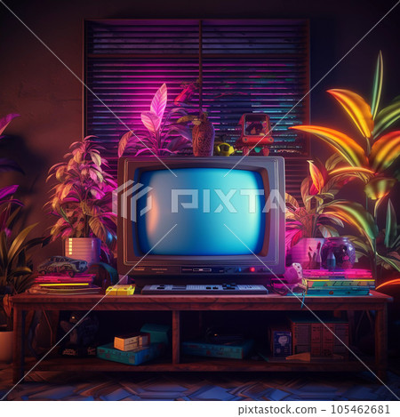 Retro Gamer Room Cyberpunk Style 105462681
