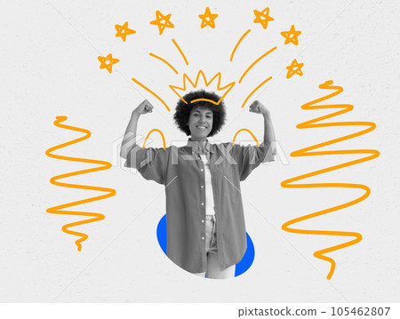 Collage with a joyful young woman and crown. Positive and self-confident. Collage with a joyful young woman and crown. Positive and self-confident. 105462807