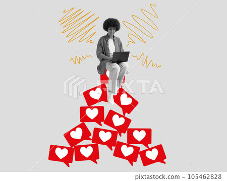 Collage where girl blogger sits on pile of likes. Blogging and storytelling. Collage where girl blogger sits on pile of likes. Blogging and storytelling. 105462828