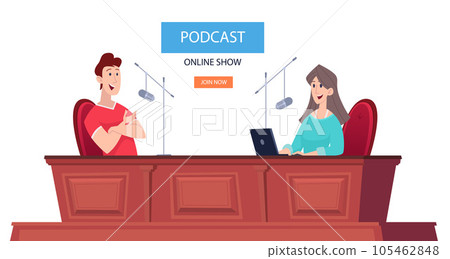 Radio presenters. Podcast show speakers talking together and sitting in record music studio 105462848