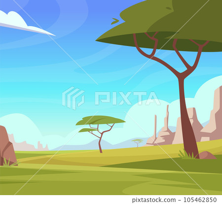 Landscape outdoor background with green trees mountains and cloudy sky. Vector illustration 105462850