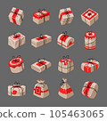 A set of gifts packed in boxes, bundles, bags with red accent elements 105463065