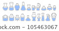 A set of glass flower vases, jugs or containers of different shapes and sizes with poured liquid inside 105463067