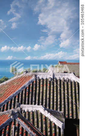 AI generated image, blue sea and blue sky, illustration of red tiled roof in Okinawa AI generated image, blue sea and blue sky, illustration of red tiled roof in Okinawa 105463468