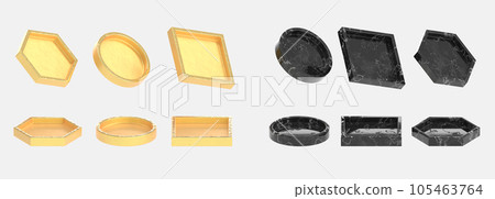 3d render set of abstract geometric shapes, gold metal and black marble stone borders isolated on background. Realistic circle, square and hexagon podium displays, top and side view. 3D illustration 3d render set of abstract geometric shapes, gold metal and black marble stone borders isolated on background. Realistic circle, square and hexagon podium displays, top and side view. 3D illustration 105463764