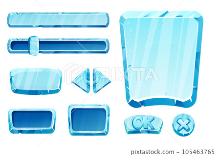 Set game menu assets ice buttons, interface elements 2d in cartoon style isolated. Blocks, shapes frozen gui panels, sliders, arrows. 105463765