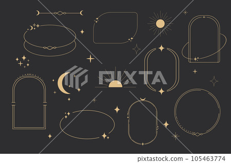 Set golden celestial frames, borders, arch line art esoteric minimal decoration with sparkles isolated on dark background. 105463774