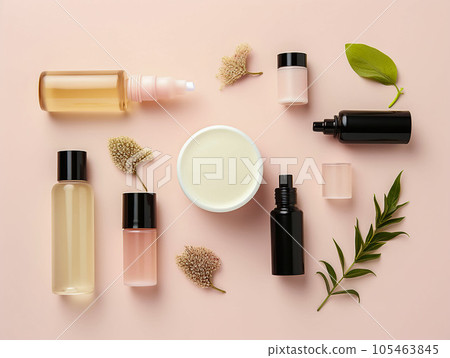 still life with natural cosmetic products on a light pink background still life with natural cosmetic products on a light pink background 105463845