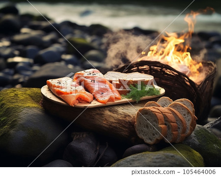 Bread with salmon served nature. Picnic Bread with salmon served nature. Picnic 105464006