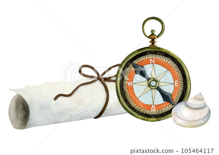 Watercolor vintage pocket compass with paper scroll and seashell. Nautical hand drawn navigation element illustration isolated on white background 105464117