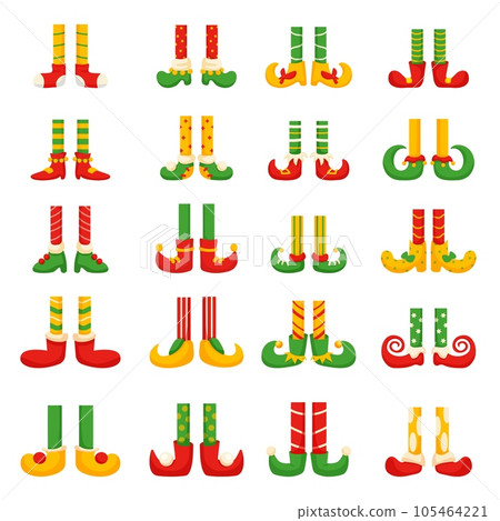 Elves legs, christmas dwarf feet in pants and shoes. Fun elf leg, cute cartoon gnomes elements. Isolated holiday xmas decorative nowaday vector set Elves legs, christmas dwarf feet in pants and shoes. Fun elf leg, cute cartoon gnomes elements. Isolated holiday xmas decorative nowaday vector set 105464221