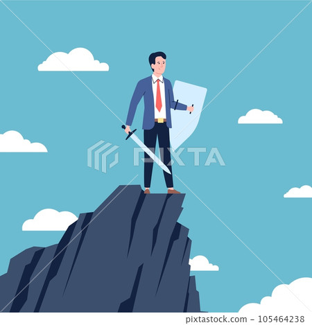 Warrior businessman, security and leadership concept. Powerful man holding protecting shield and sword. Modern business knight recent vector scene 105464238