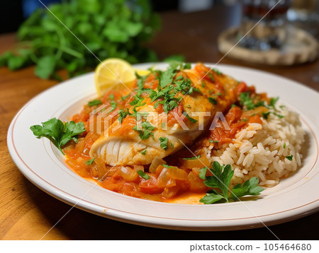 Spanish dish of rice and chicken stew with cod flageolet. 105464680