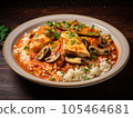 Spanish dish of rice and chicken stew with cod flageolet. 105464681