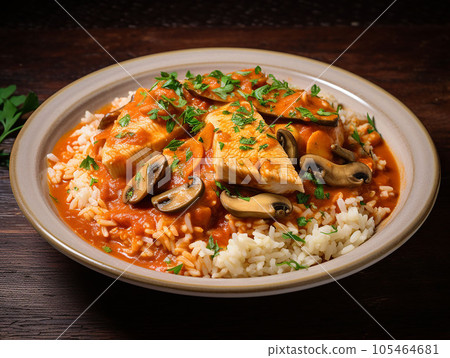 Spanish dish of rice and chicken stew with cod flageolet. Spanish dish of rice and chicken stew with cod flageolet. 105464681