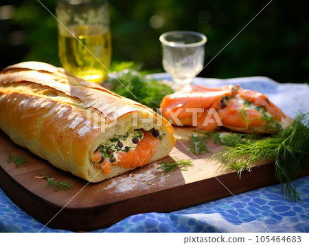 smoked salmon toast with egg and avocado. 105464683