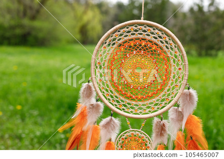 Handmade dream catcher with feathers threads and beads rope hanging 105465007