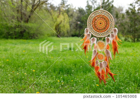 Handmade dream catcher with feathers threads and beads rope hanging 105465008