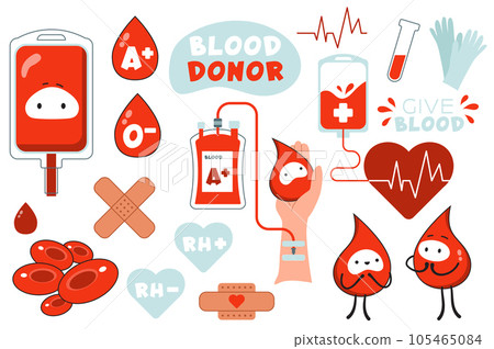 Blood donor mega set in graphic flat design. Bundle elements of red liquid in bag, drops, groups and rhesus, dropper, cells, test tube, heart, gloves and other. Vector illustration isolated stickers Blood donor mega set in graphic flat design. Bundle elements of red liquid in bag, drops, groups and rhesus, dropper, cells, test tube, heart, gloves and other. Vector illustration isolated stickers 105465084