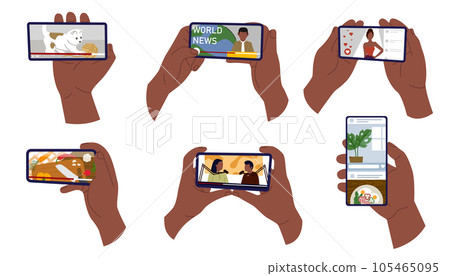 Hands holding a smartphone. Watching videos online on mobile phone screen. Podcast, news, watching video online, talk show, tv application, live streaming. Concept of news Hands holding a smartphone. Watching videos online on mobile phone screen. Podcast, news, watching video online, talk show, tv application, live streaming. Concept of news 105465095