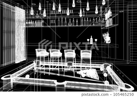 pool table with counter bar in relax room, 3d rendering wire frame 105465250