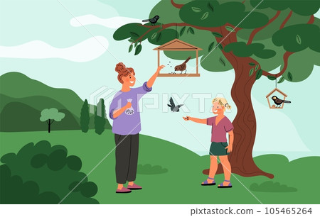 Happy mom and daughter feeding birds. Girls pouring grain into tree feeder. Food for park sparrows. People care about flying animals. Kid and parent giving crumbs. Garish vector concept Happy mom and daughter feeding birds. Girls pouring grain into tree feeder. Food for park sparrows. People care about flying animals. Kid and parent giving crumbs. Garish vector concept 105465264