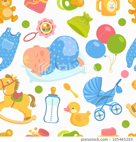 Cartoon baby accessories seamless pattern. Nursery objects. Sleeping cute newborn toddler in romper. Toys and clothing. Infants stroller. Milk feeding bottle. Splendid vector background 105465283