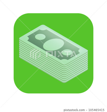 Vector green paper dollars banknote stack isolated on green background. Isometric Dollar stack icon design template. Money icon and label Vector green paper dollars banknote stack isolated on green background. Isometric Dollar stack icon design template. Money icon and label 105465415