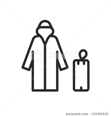 Compact Raincoat Icon. Vector Linear Illustration of Portable Foldable Waterproof Rain Gear for Outdoor Travel. Compact Raincoat Icon. Vector Linear Illustration of Portable Foldable Waterproof Rain Gear for Outdoor Travel. 105465639