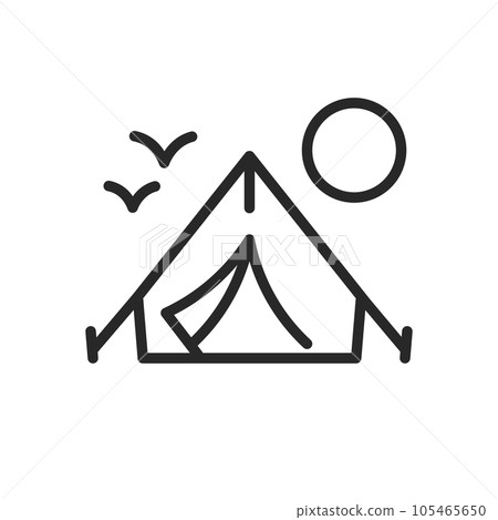Triangle Tent Camping Icon. Vector Linear Illustration of a Hiking Tent Set up in Nature on a Sunny Day. Outdoor Camping Gear and Equipment Symbol for Adventure and Exploration. 105465650