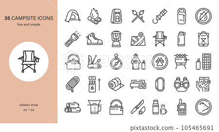 Campsite Icons. Vector Collection of Outdoor Camping and Hiking Equipment, Wildlife Alarms, Forest Leisure Activity and Travel Symbols.  105465691
