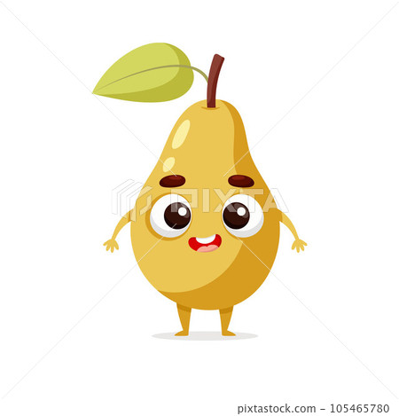 Funny cartoon pear. Kawaii fruit character. Vector food illustration isolated on white background Funny cartoon pear. Kawaii fruit character. Vector food illustration isolated on white background 105465780