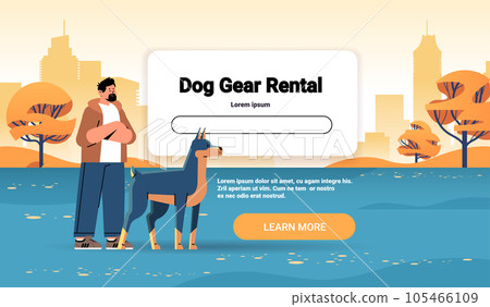 guy pet owner with cute dog using gear rental app best friends domestic animal friendship concept horizontal 105466109