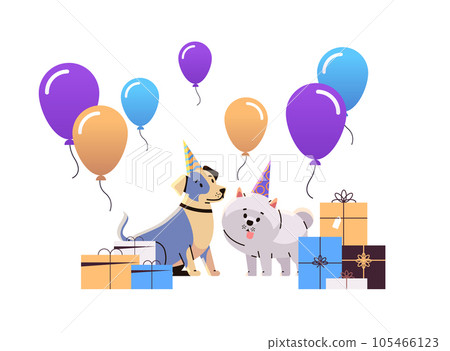 Happy national dog day greeting card cute doggy posing in hats holiday of domestic animals concept horizontal Happy national dog day greeting card cute doggy posing in hats holiday of domestic animals concept horizontal 105466123