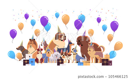 Happy national dog day greeting card various cute doggy posing in hats holiday of domestic animals concept Happy national dog day greeting card various cute doggy posing in hats holiday of domestic animals concept 105466125