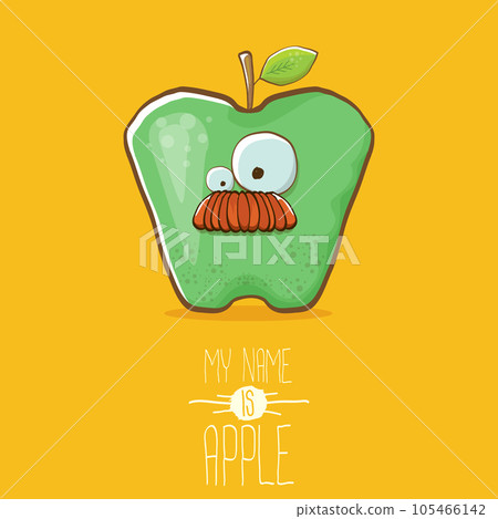 very funny cartoon cute green apple character isolated on orange background. My name is apple vector concept. vector super funky fruit summer food character 105466142