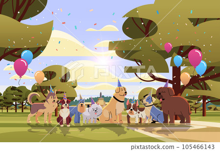 Happy national dog day greeting card various cute doggy posing in hats holiday of domestic animals concept horizontal 105466143