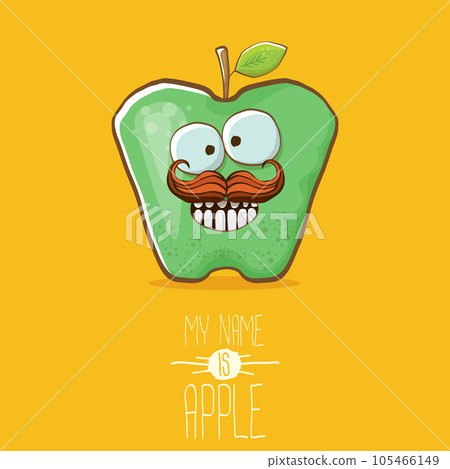 very funny cartoon cute green apple character isolated on orange background. My name is apple vector concept. vector super funky fruit summer food character very funny cartoon cute green apple character isolated on orange background. My name is apple vector concept. vector super funky fruit summer food character 105466149